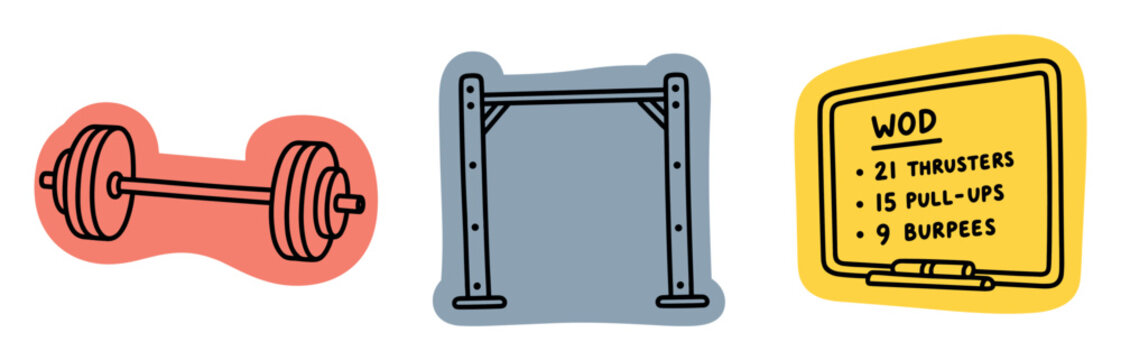 Fitness and crossfit workout equipment doodle stickers featuring a heavy barbell, a pull-up rig, and a whiteboard with a workout of the day routine