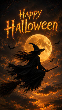 Happy Halloween text appears above a flying witch silhouetted against a glowing full moon and dramatic orange clouds.