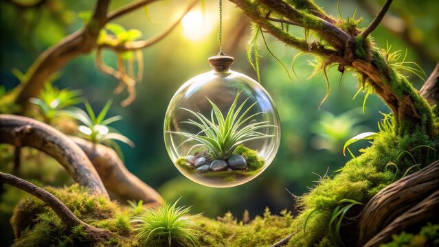 A delicate crystal orb suspended from a twisted branch cradling lush green air plants in a miniature terrestrial world