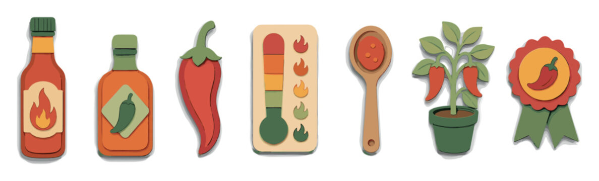 Hot sauce and chili pepper icon set featuring spicy condiment bottles, red cayenne pepper, heat level scale, wooden spoon, potted plant, and award ribbon in paper cut style