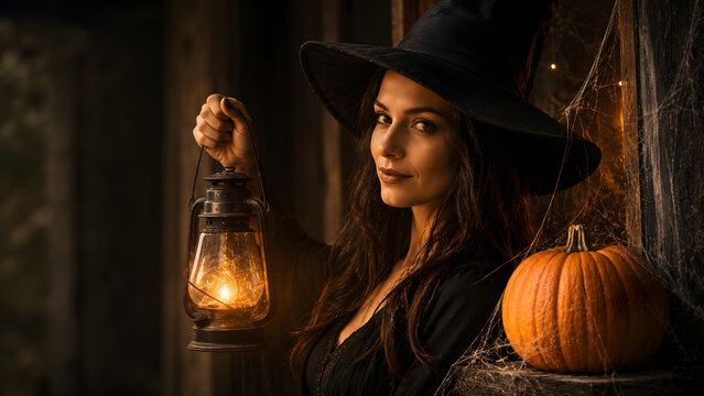 Woman wearing a black witch costume holds a glowing lantern beside a pumpkin and spider webs in a rustic Halloween scene.