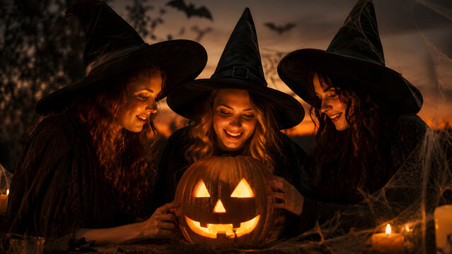 Three women wearing witch costumes gather around a glowing jack o lantern in a candlelit Halloween setting.