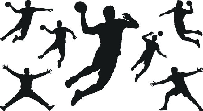 Handball player silhouettes jumping and throwing ball, team sport athletes in action poses, competitive match competition icons, isolated game figures.