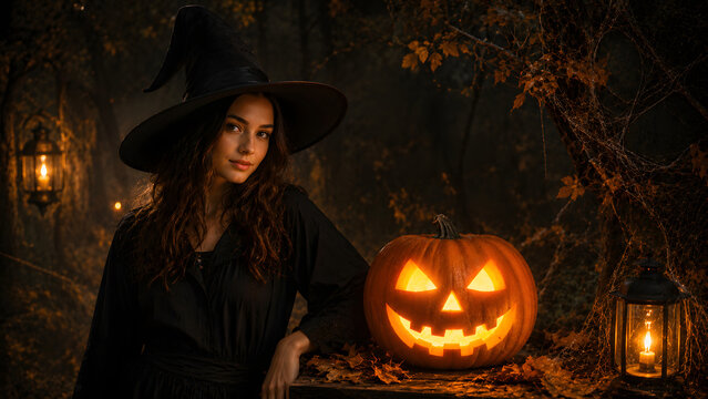 Woman wearing a black witch costume stands beside a glowing jack o lantern and lanterns in a dark autumn forest.