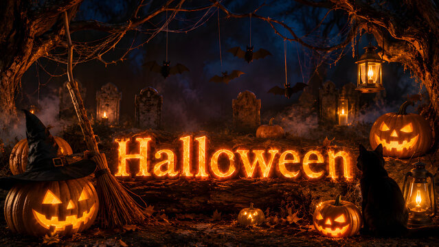 Glowing Halloween lettering is surrounded by jack o lanterns lanterns bats and dark trees in a haunted forest scene.