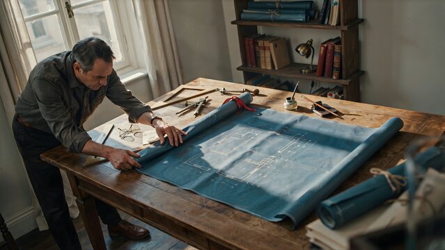 Architect Examining Technical Blueprints and Drafts on Wooden Table in Studio