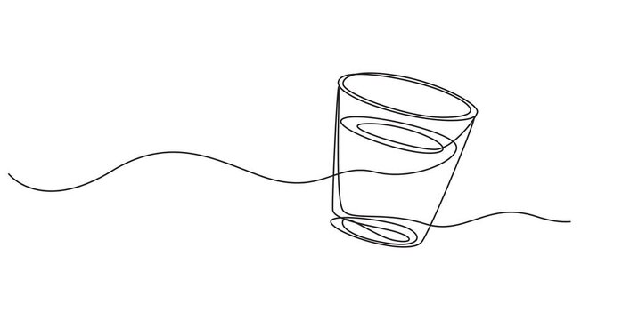self drawing of continuous line draw Glass of water. Full length one line animation, continuous line drawing of a glass of a cold beverage with ice and a straw vector illustration, 4k 