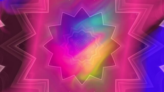 A vivid kaleidoscope mandala featuring glowing neon gradients, symmetrical floral geometry, and colorful psychedelic light effects. Ideal for motion graphics, presentations, visual art.