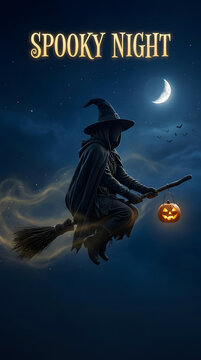 Spooky Night text appears above a witch flying on a broom with a glowing pumpkin lantern beneath a crescent moon.