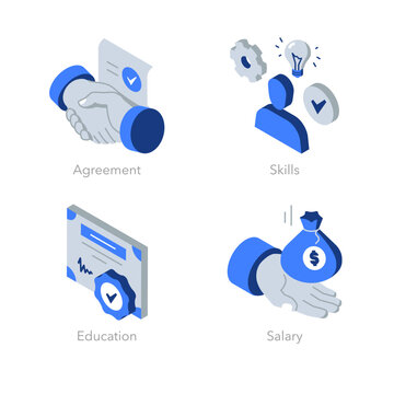 Simple set of of isometric flat icons for job interview. Contains such symbols as Agreement, Skills, Education and Salary.