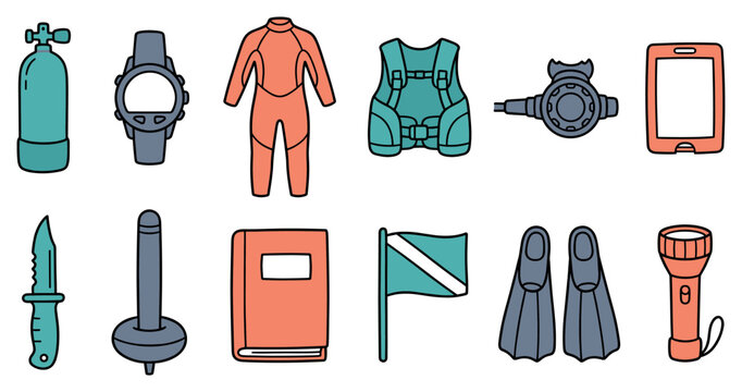 Scuba diving equipment icons and gear set featuring wetsuit, oxygen tank, fins, regulator, mask, flashlight, and dive flag in a hand-drawn vector doodle style