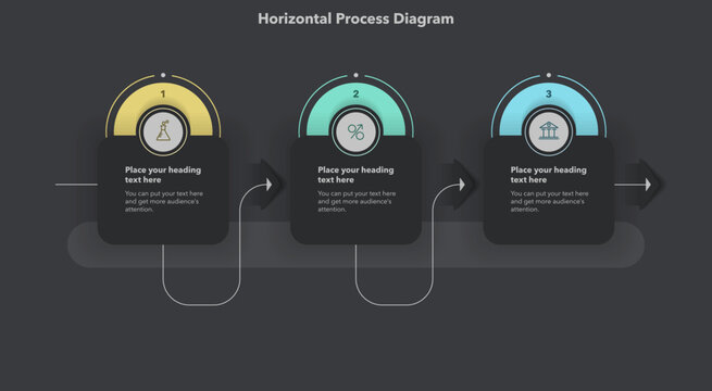 Horizontal process diagram with three options and a place for your text. Simple visualised infographic design with thin lines and minimalistic icons for workflow layout, banner or web design.