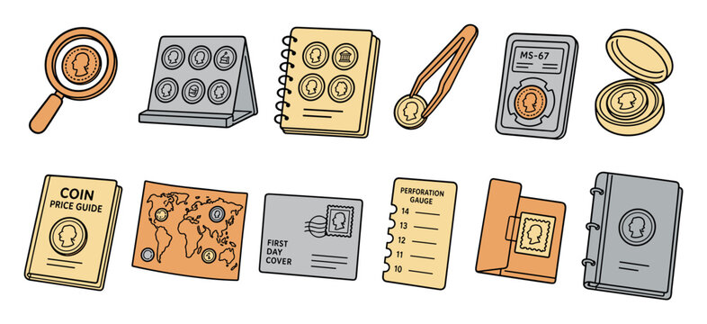 Coin and stamp collecting hobby equipment icons featuring magnifying glass, tweezers, albums, price guide, graded slab, first day cover, and perforation gauge
