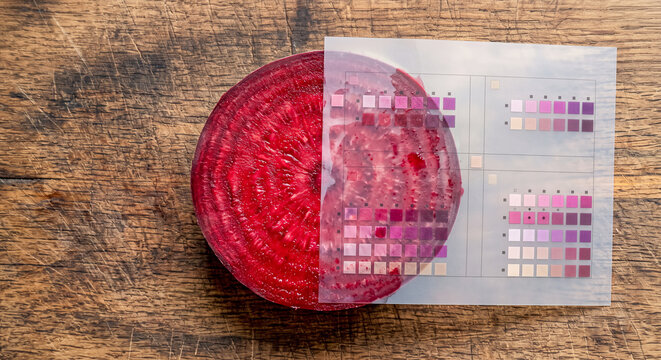 A sliced fresh beetroot with a semi-transparent color calibration chart placed on a wooden board, depicting scientific food quality analysis and natural pigment testing for research