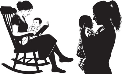 Mother reading book to children in rocking chair