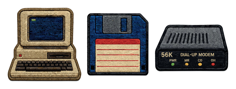 Retro computer floppy disk and dialup modem embroidered patches set representing vintage technology from the nineties and eighties with detailed thread texture