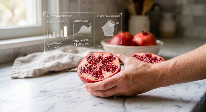 A hand holds a halved pomegranate in a kitchen as an artificial intelligence overlay displays detailed nutritional antioxidant profile data, highlighting modern healthy eating trends