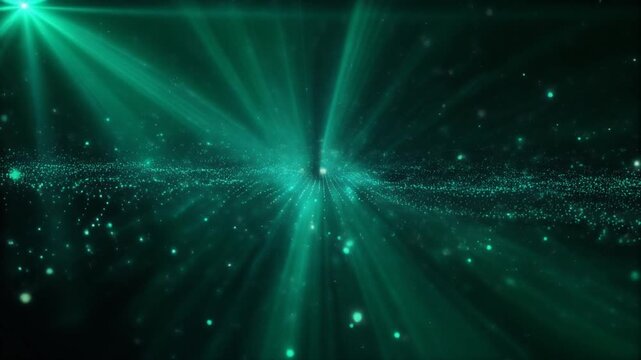Volumetric emerald light beams illuminate microscopic floating dust particles in dark space, emerald and teal light shafts creating cinematic atmosphere with realistic optical diffusion.