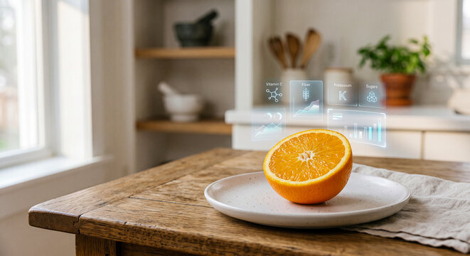 Fresh orange half on a white plate with digital AI analysis showing nutritional data including vitamins and fiber in a bright kitchen to visualize smart healthy eating technology