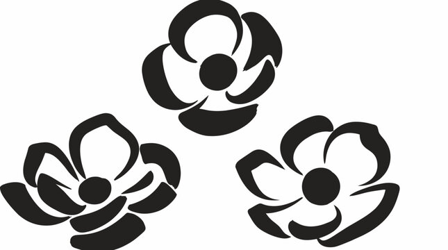 Flowers illustrated in a bold black ink style are arranged in a trio to create a decorative botanical graphic element.