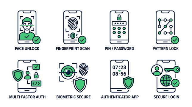 Modern Security Icons for Mobile Devices - Biometric, PIN, Pattern, MFA