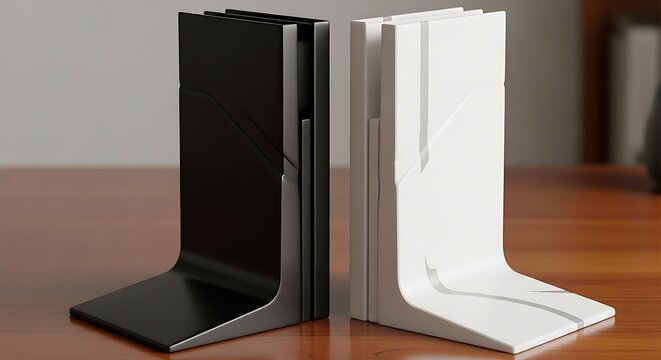 Two vertical desk accessories resting on a wooden table surface showcasing contrasting black and white structural shapes designed for functional organization in a professional workspace