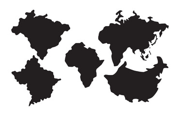 Set of world continents silhouette map shapes isolated on white background for global geography art. © Sarker