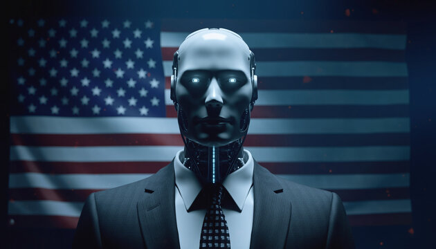 Futuristic robot in suit against american flag background