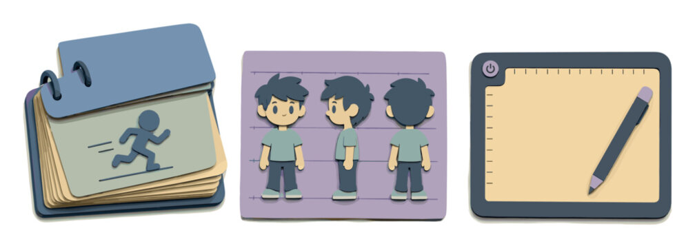 Animation tools including flipbook character design sheet and digital graphics tablet with stylus representing the creative workflow of cartoon production