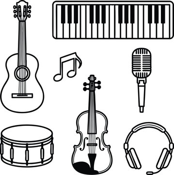 Musical instruments and audio equipment collection in outline style