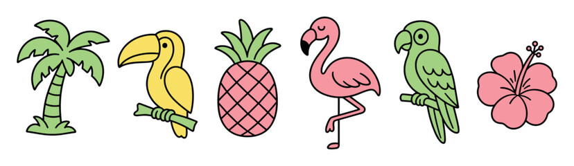 Fototapeta premium Tropical cartoon icons set featuring palm tree, toucan, pineapple, flamingo, parrot, and hibiscus flower in a cute doodle style for summer designs
