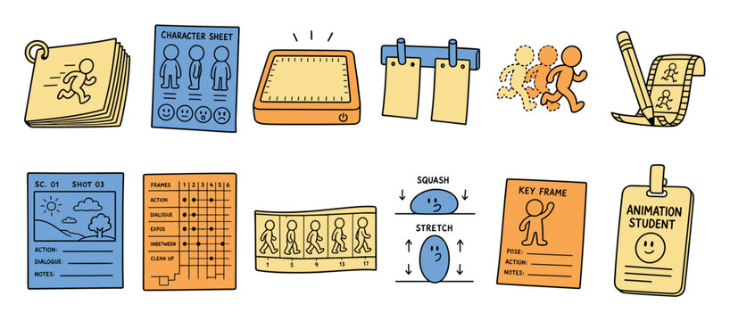 Animation production process hand drawn icon set featuring storyboard, flipbook, character sheet, light box, walk cycle, squash and stretch, and keyframe elements