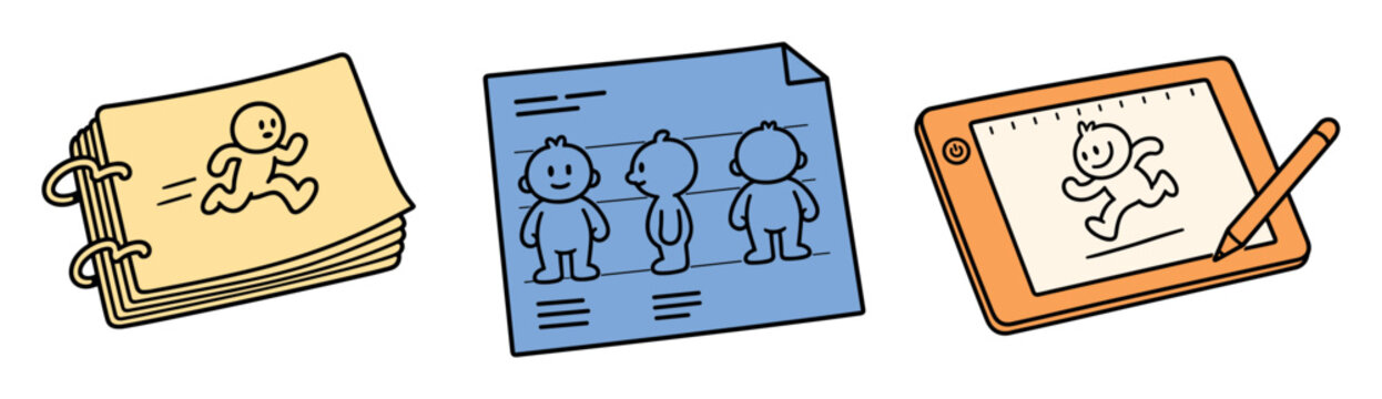 Animation character design process tools including flipbook, character turnaround model sheet, and digital drawing tablet with stylus in a simple cartoon style