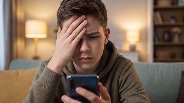 Teen social media ban stress and cyberbullying concept for adolescent mental health digital wellbeing online anxiety and screen time worry at home