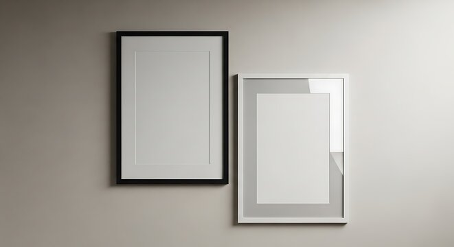 Two empty picture frames hanging securely on a painted wall inside a residential room displaying your artwork perfectly for commercial presentation purposes and creative display projects
