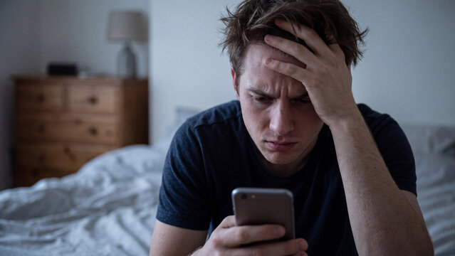 Nighttime worry and insomnia concept for stress bad news smartphone anxiety sleepless nights and emotional distress in the bedroom