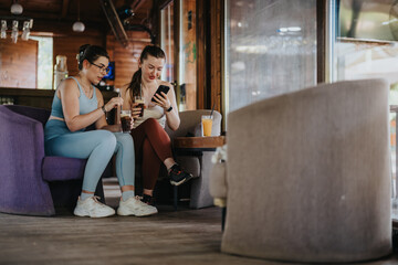 Obraz premium Two women in active wear sit in a cafe drinking iced coffee and looking at a smartphone. They relax after exercise, sharing a casual moment and a drink together.
