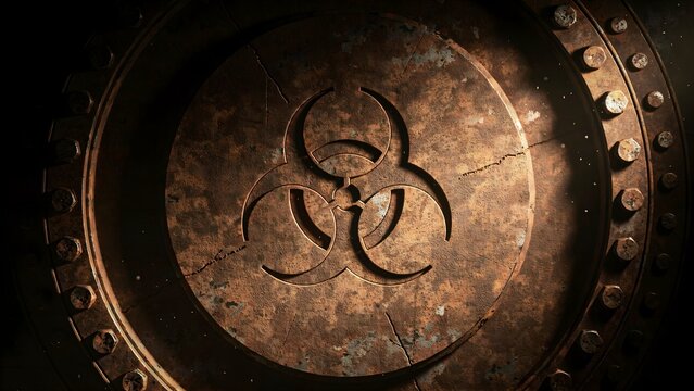Close-up of a biohazard warning symbol on rusted metallic surface with bolts and cracks