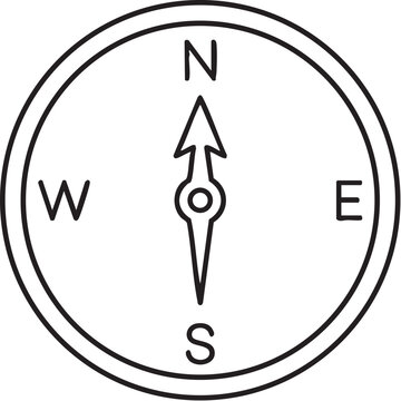 A simple black and white circular compass rose with cardinal directions labeled north, east, south, and west.