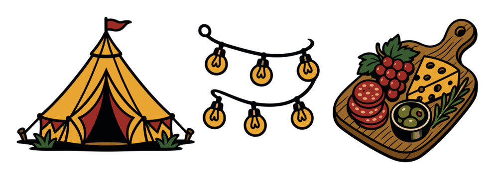 Glamping tent, string lights, and charcuterie board illustrations in a retro hand-drawn style for outdoor camping and picnic concepts
