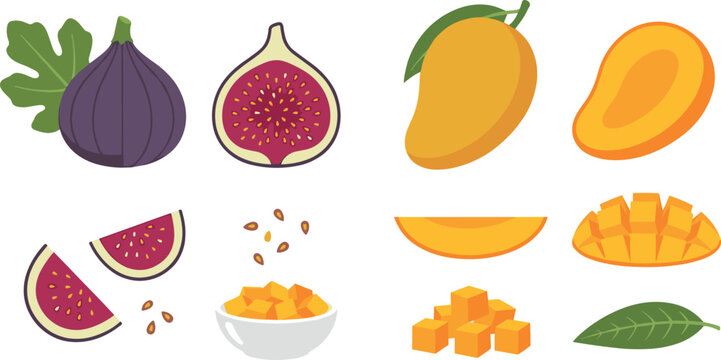 Fresh mango and common fig fruit collection featuring whole fruits half sections slices hedgehog cut diced cubes in bowl and green leaves vector illustration.