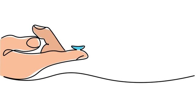hand hold contact lens in the finger tip before applying One line continuous drawing animation. animated hand- drawn banner lineart illustration design. isolated sign symbol monoline white background