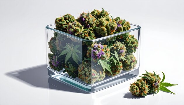 Fresh, vibrant green cannabis buds fill a clear glass container