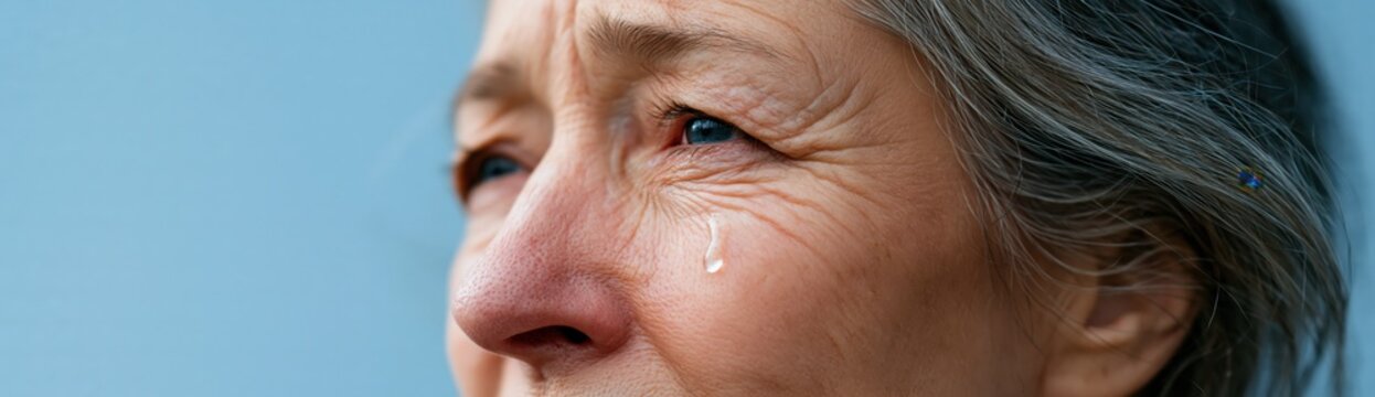 Elderly woman tear closeup portrait for healthcare and mental health awareness banner background showing emotional mature face and detailed skin expression