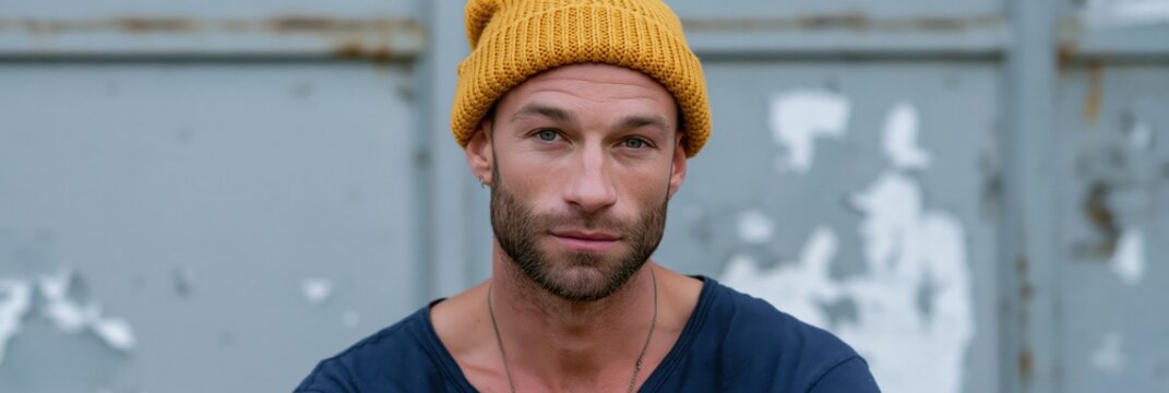Male closeup portrait with yellow beanie and textured metal background for headshot banner and social media profile