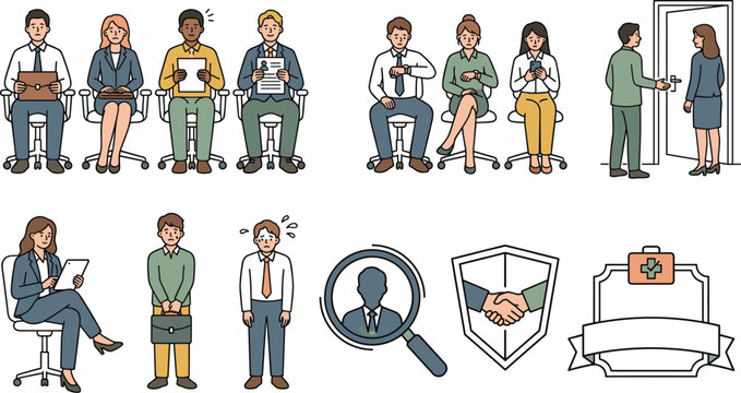 Job interview and recruitment character collection with business applicants hiring and workplace illustrationsJob interview and recruitment character collection 
