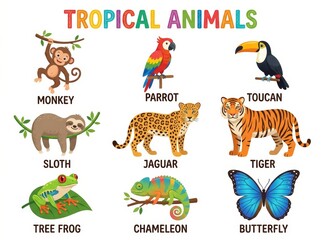 Fototapeta premium Tropical animal collection with names. Educational chart featuring exotic wildlife like monkey, parrot, toucan, sloth, jaguar, tiger, frog, chameleon, and butterfly for children learning.