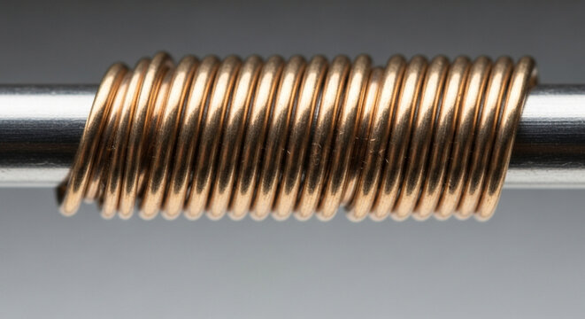 Close-up macro shot of a copper wire spring coiled around a metal rod against a gray background.