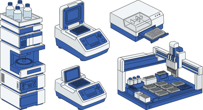 Isometric vector set of advanced laboratory equipment including automated liquid handling systems and high performance liquid chromatography