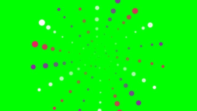 Abstract circular radial pattern of colorful dots on a vibrant green screen